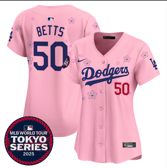 Women Los Angeles Dodgers #50 Betts Tokyo Series 2025 pink Limited Stitched Jersey->women mlb jersey->Women Jersey